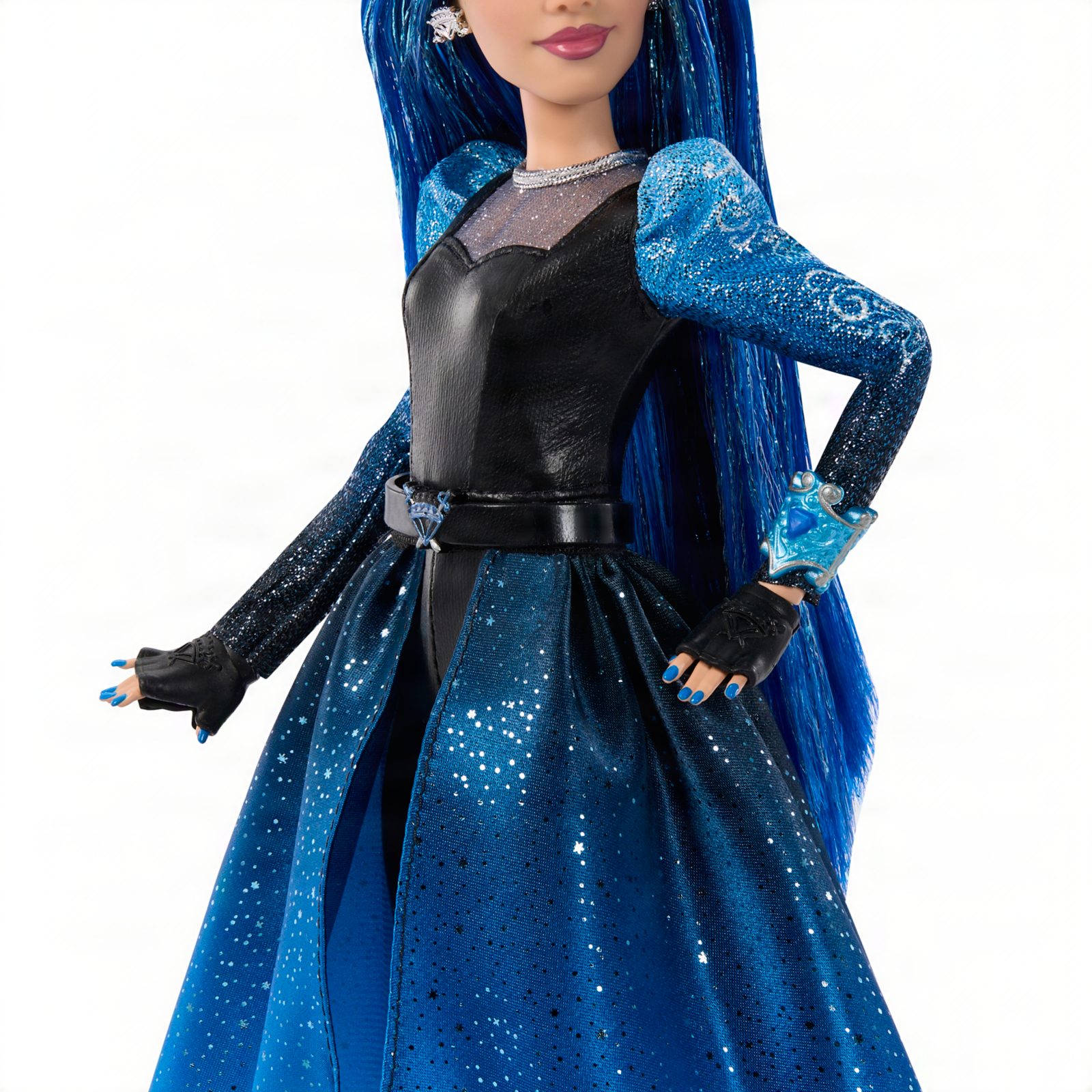 Close view of the Chloe doll's blue hair and outfit