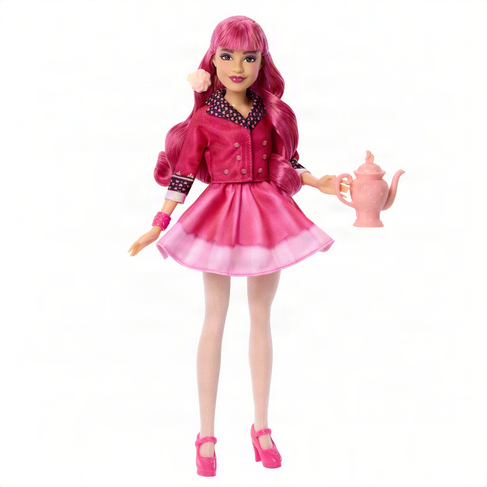 Close view of the Pink Tea Party Reveal doll's hair and dress