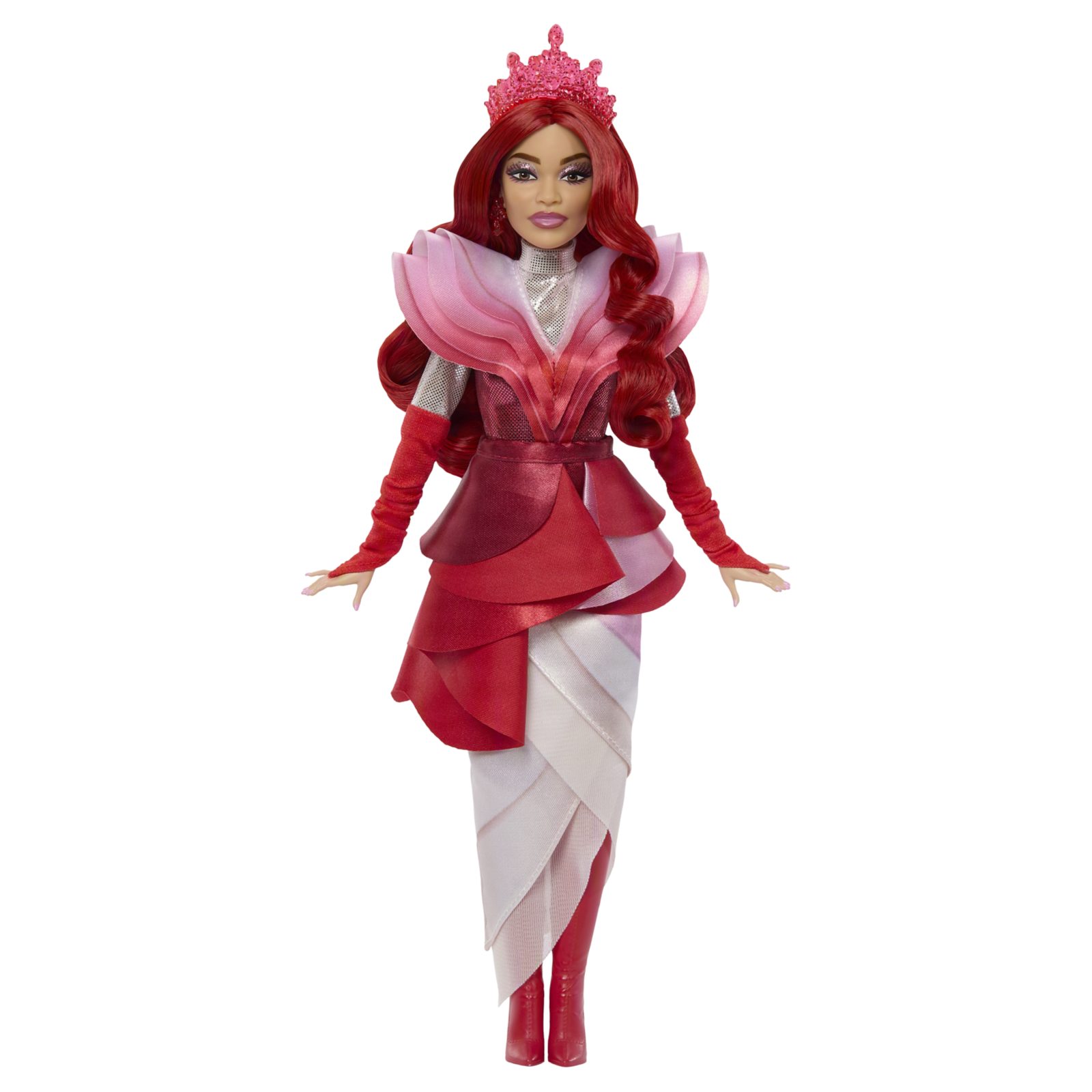 Queen of Hearts doll wearing a layered red and black gown