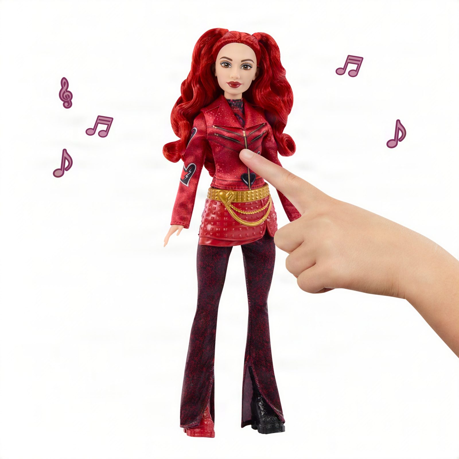 Red singing doll wearing a moto jacket and boots