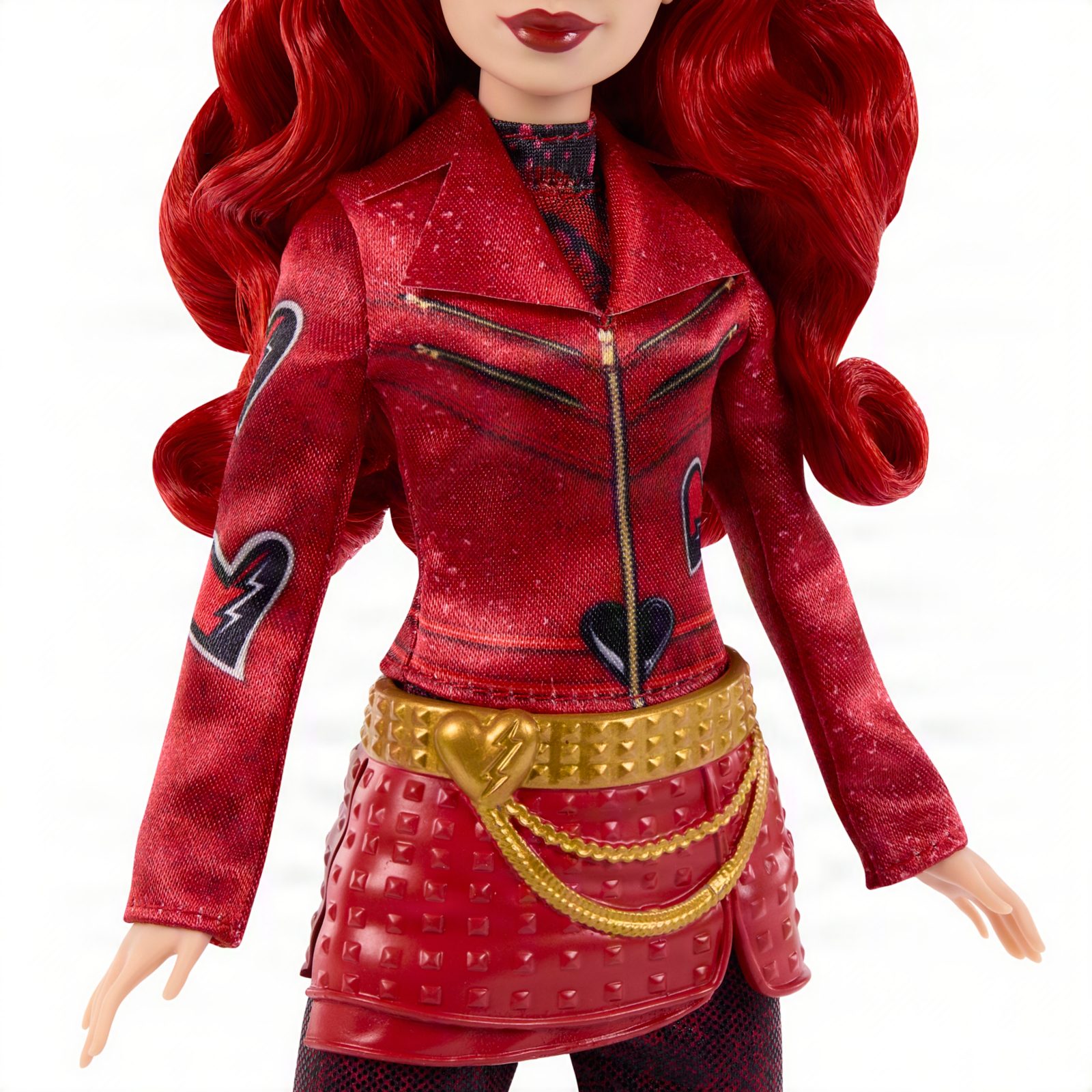 Close view of the Red singing doll's face and red hair