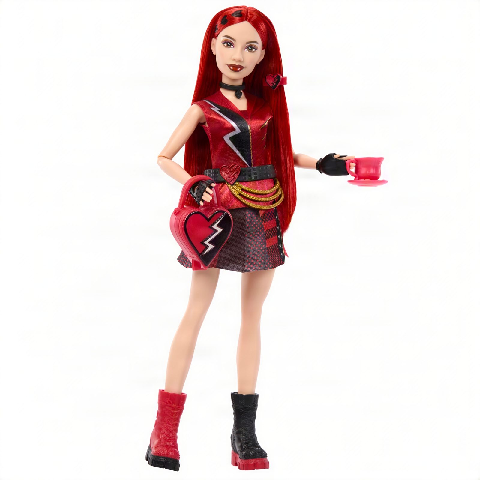 Close view of the Red Tea Party Reveal doll's heart-patterned hair