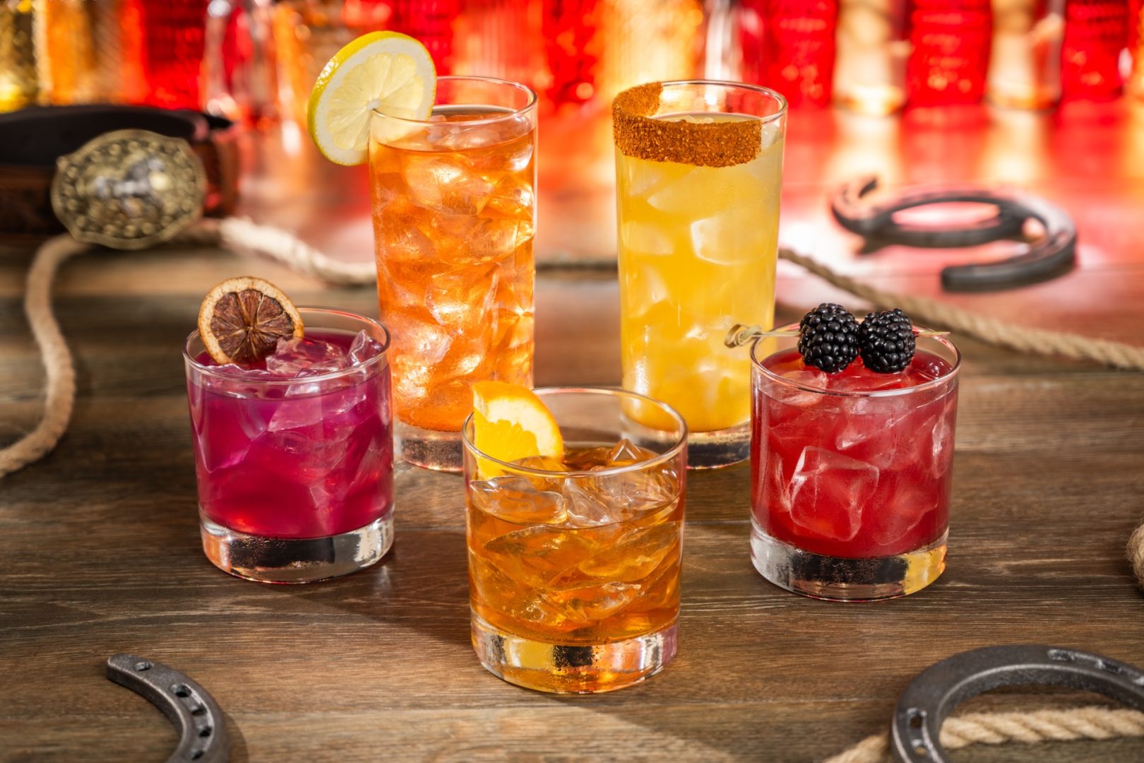 Five cocktails photographed for The Diamond Horseshoe pop-up menu