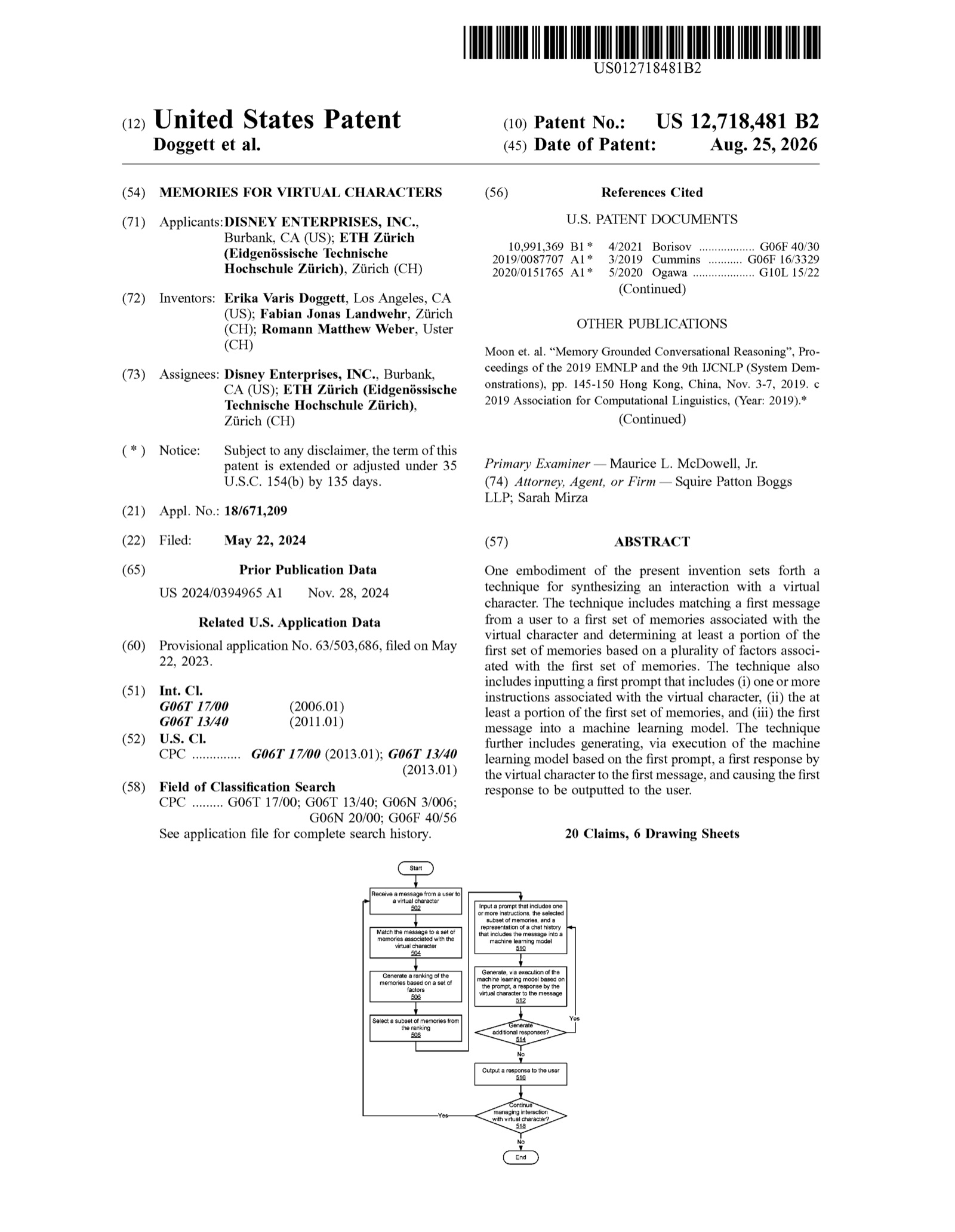 U.S. Patent 12,718,481 cover for Disney's Memories for Virtual Characters system
