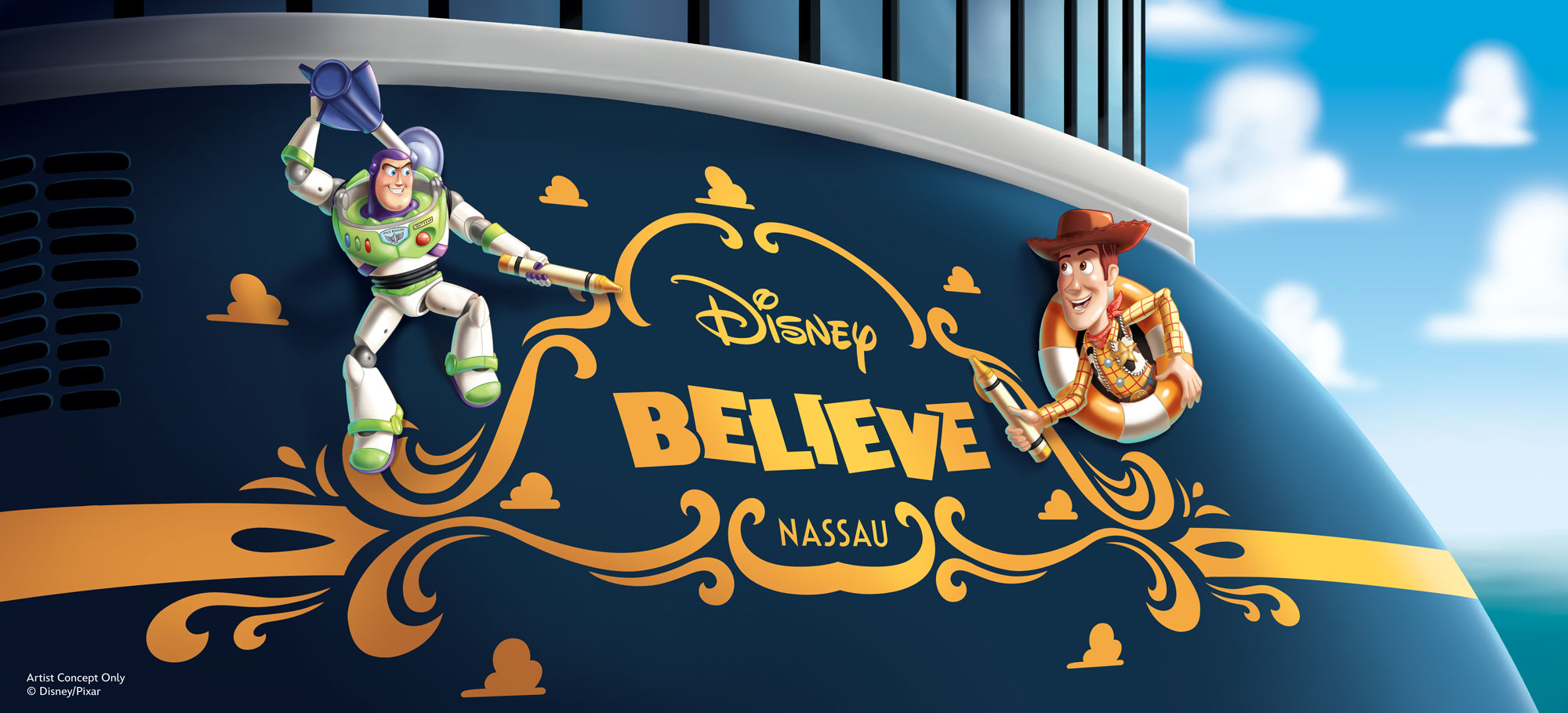 Woody and Buzz Lightyear stern artwork for the Disney Believe