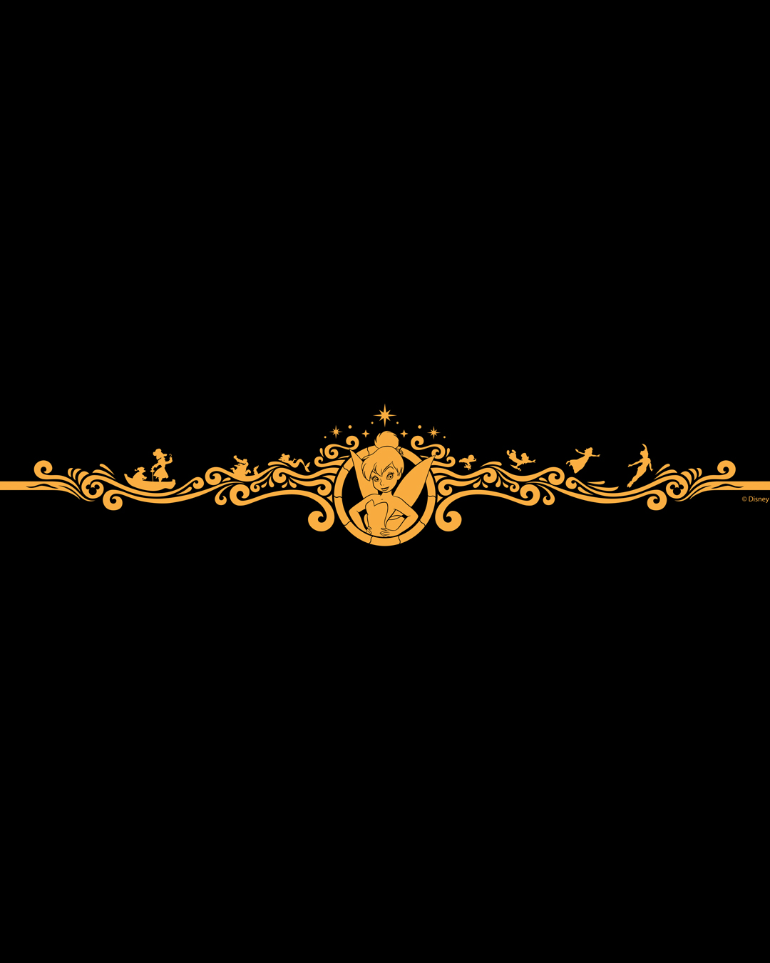 Tinker Bell and Disney character silhouettes in gold bow artwork for the Disney Believe