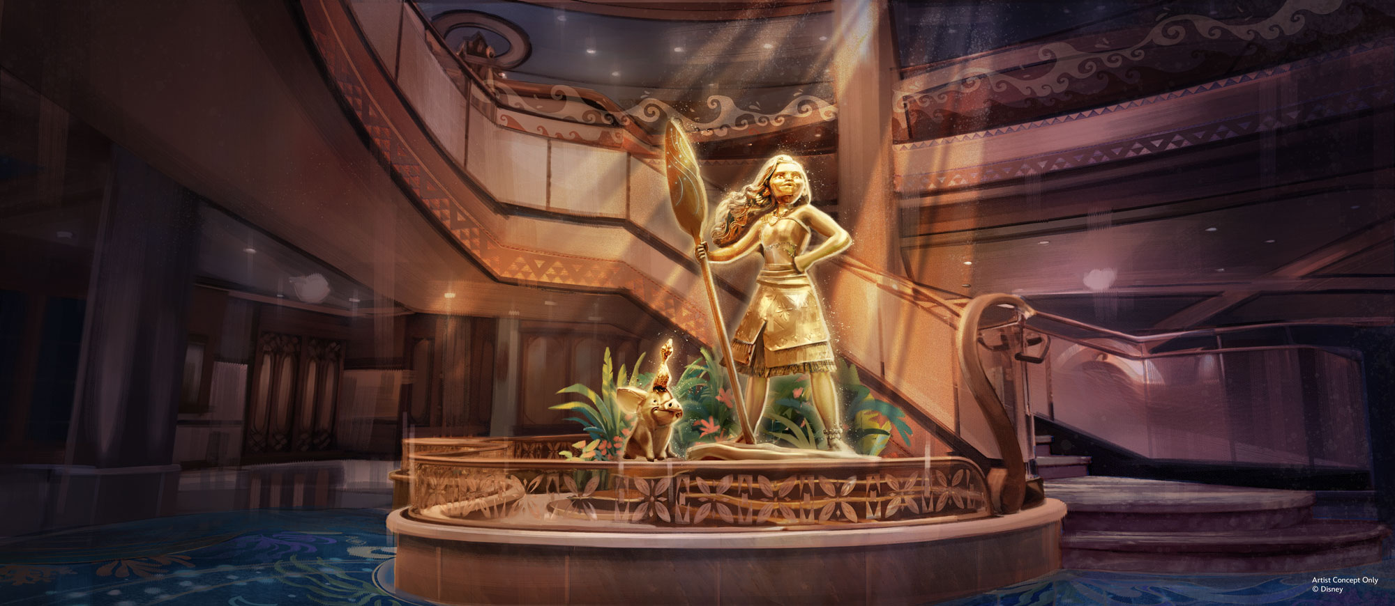 Moana and Pua statue artwork for the Disney Believe Grand Hall