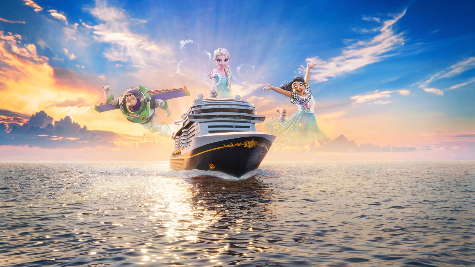 Disney Believe ship sailing with Buzz Lightyear, Elsa and Mirabel