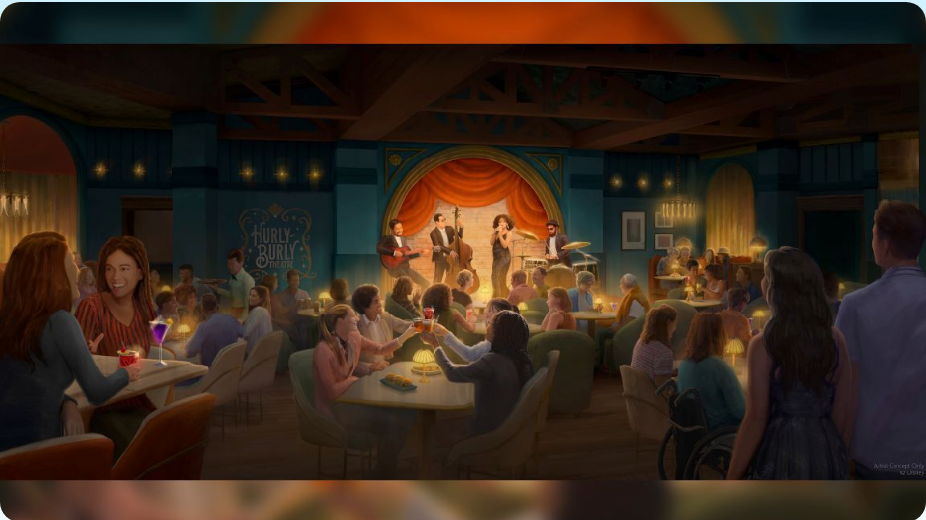 Concept art for Hurly-Burly at Disney's BoardWalk with a band performing in a seaside theater lounge
