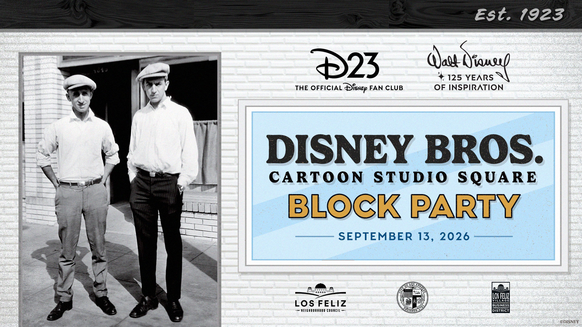 Walt and Roy Disney beside Disney Bros. Cartoon Studio Square Block Party artwork for September 13, 2026