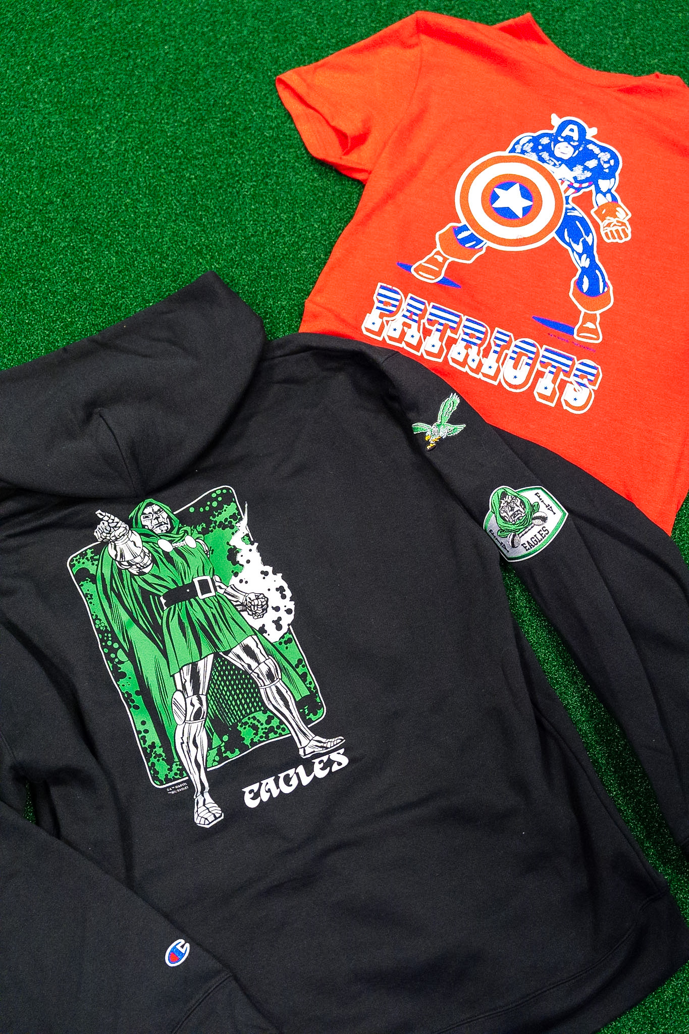 Doctor Doom Eagles hoodie and Captain America Patriots shirt