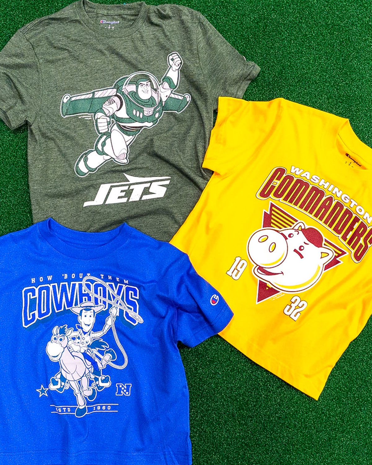 Buzz Lightyear Jets, Hamm Commanders and Woody Cowboys shirts