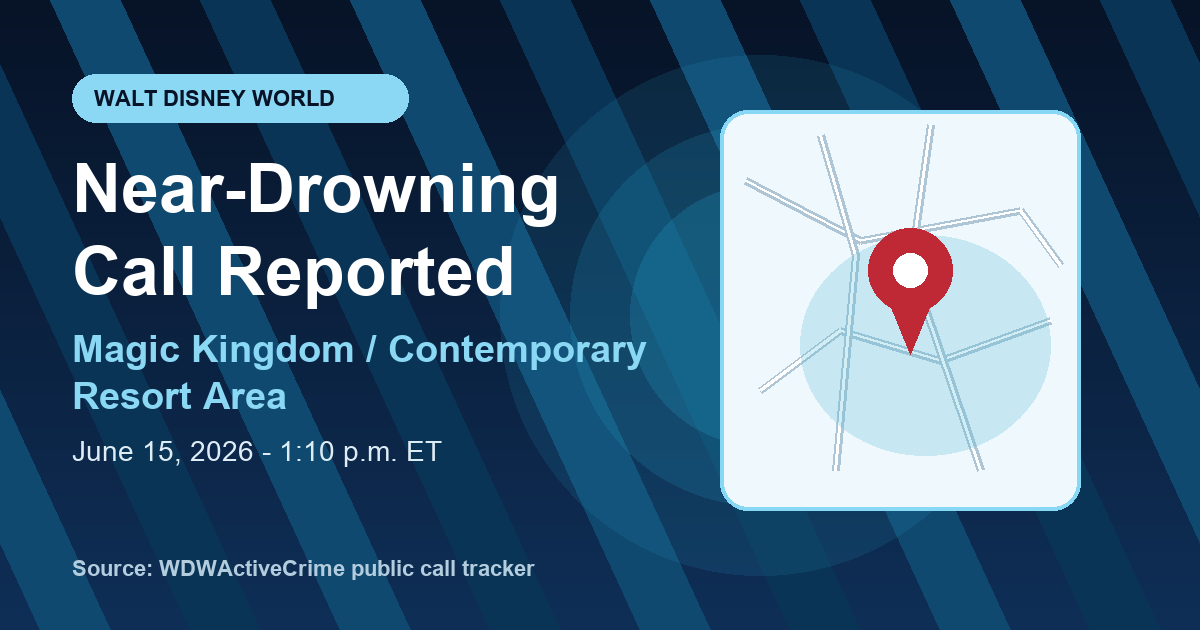 CrowdLevels news graphic for a near-drowning call reported near the Magic Kingdom and Contemporary Resort area