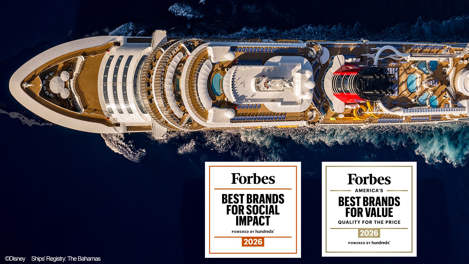 Aerial view of a Disney cruise ship above Forbes 2026 Best Brands badges