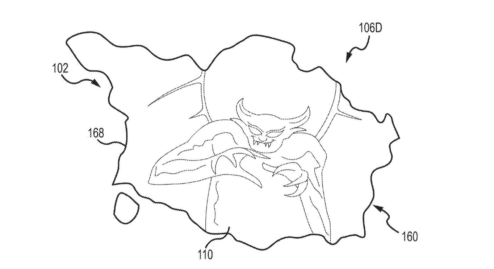Patent drawing of a horned figure projected across a drifting light-reflective material