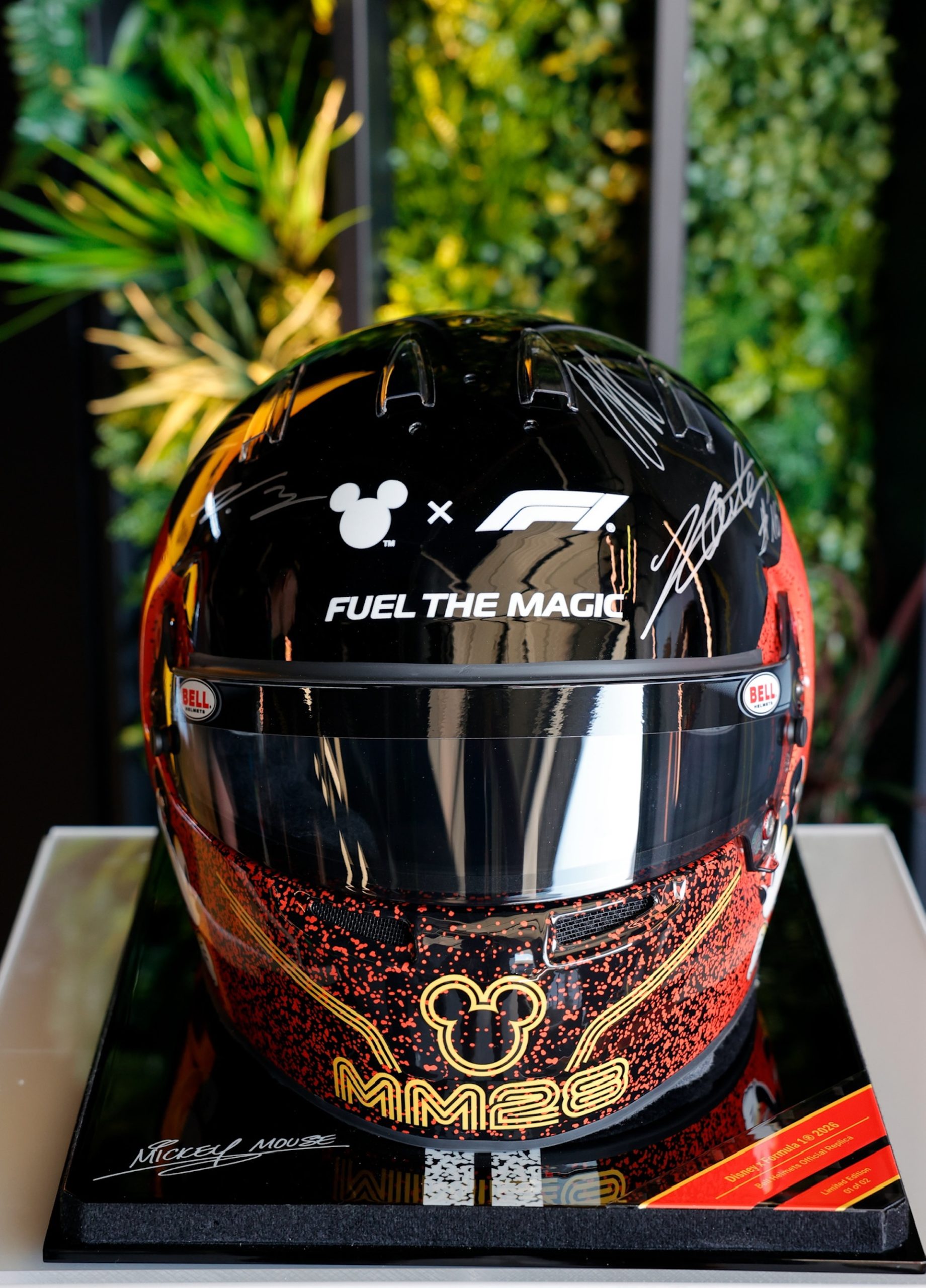 Front view of the signed Mickey Mouse Formula 1 helmet