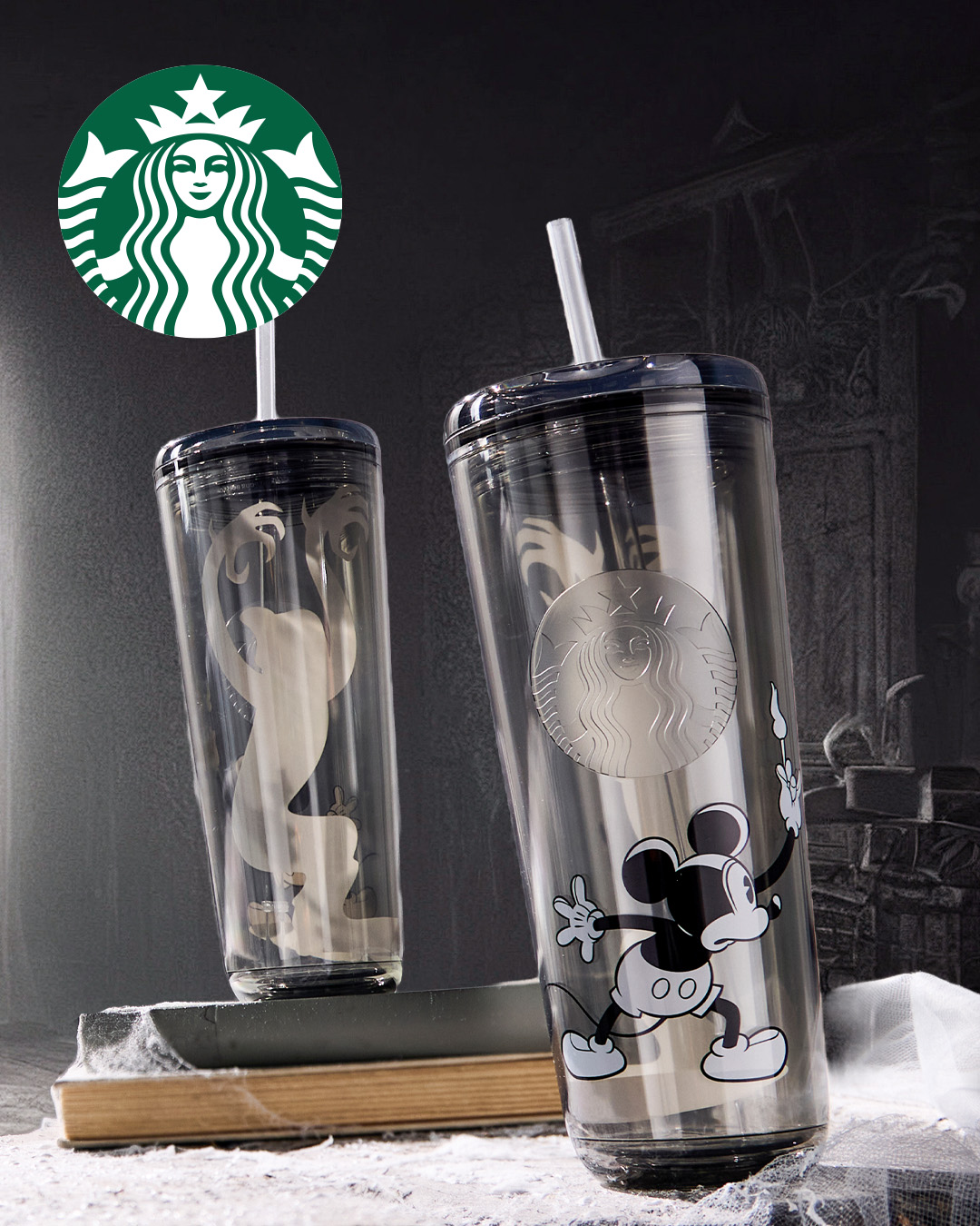Mickey Mouse Haunted House Starbucks tumbler shown against a dark haunted-house scene
