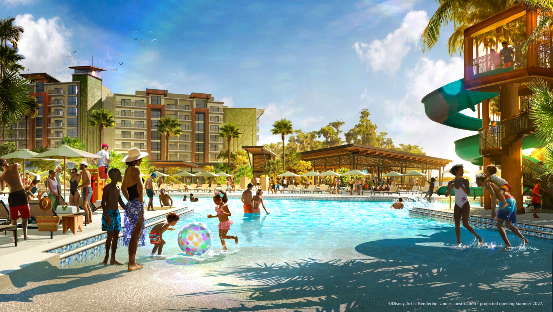 Artist rendering of Lakeside Lagoon pool and waterslide at Disney Lakeshore Lodge