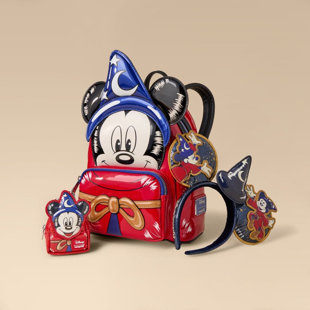 Sorcerer Mickey ear headband, Loungefly backpack and bag charm