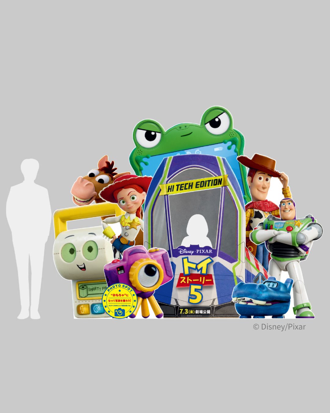 Toy Story 5 photo display concept with Woody, Buzz, Jessie and other toys around a large smartphone
