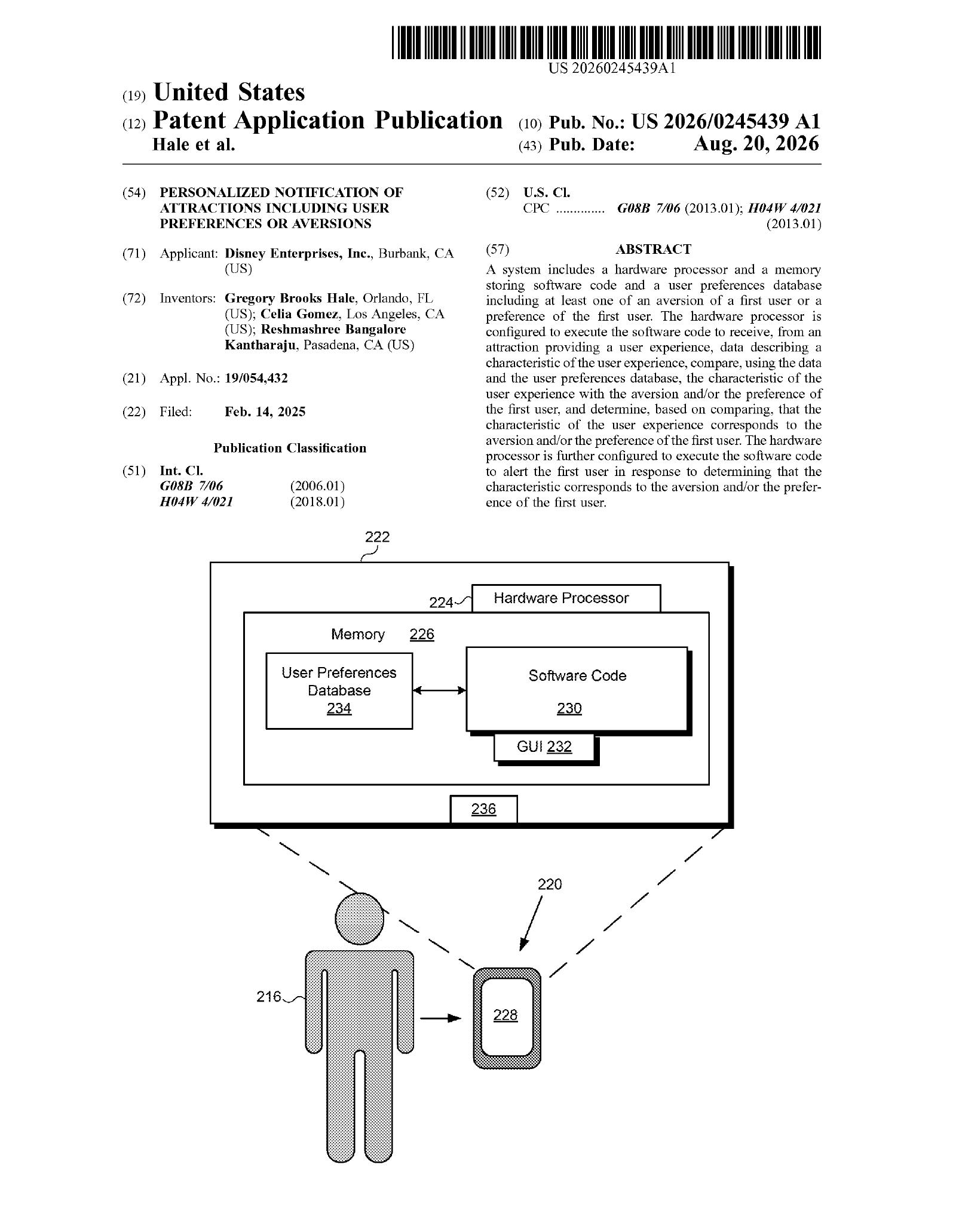 U.S. patent application cover showing a Disney attraction system with a guest preferences database and wearable device