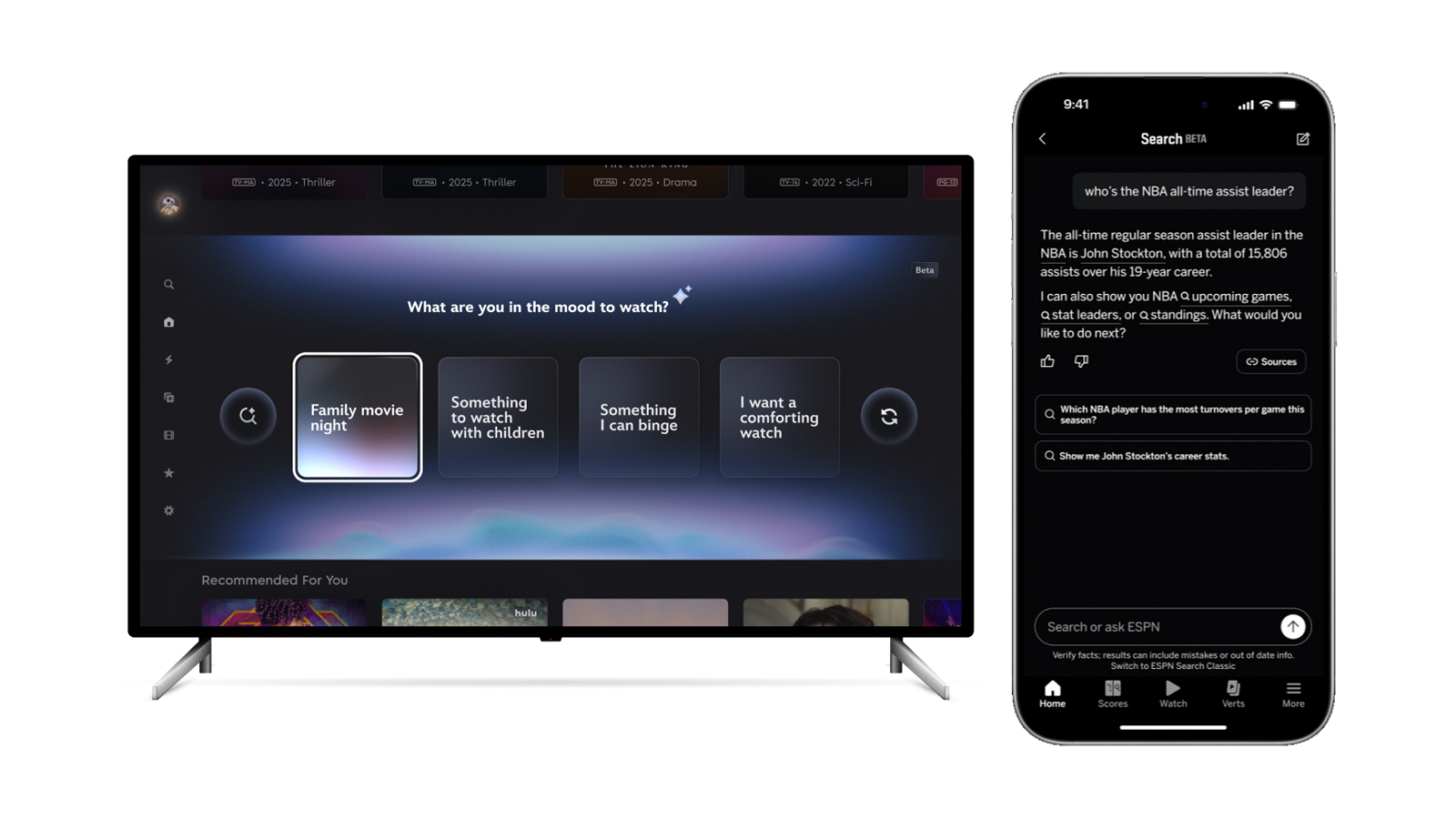 Disney+ recommendation prompts on a television beside ESPN Search on a phone