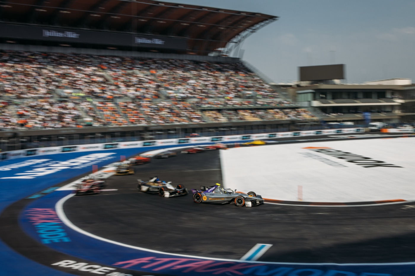 A Formula E car races through Mexico City