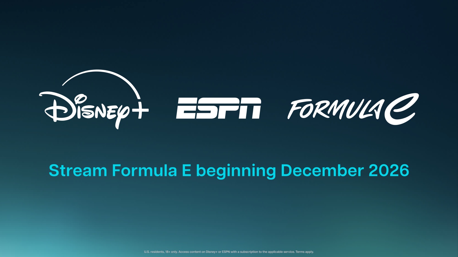 Disney+, ESPN and Formula E logos over an electric race car