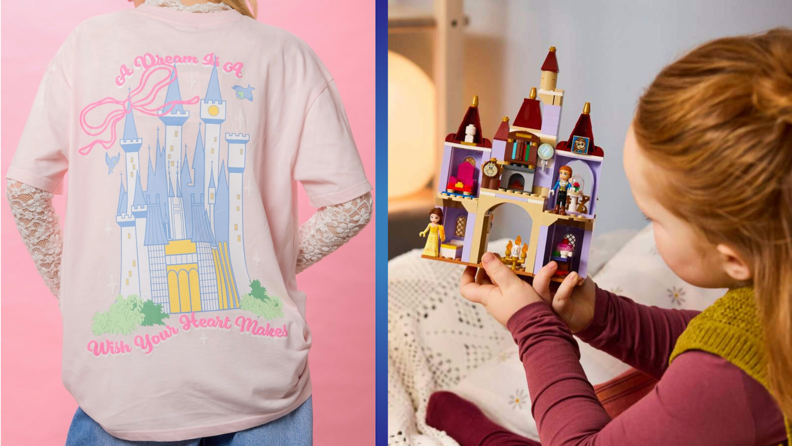 Disney Princess World Princess Week merchandise, including a castle T-shirt and a LEGO castle set