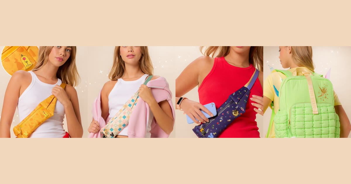 Three Disney athletic hip packs and a green Tinker Bell backpack