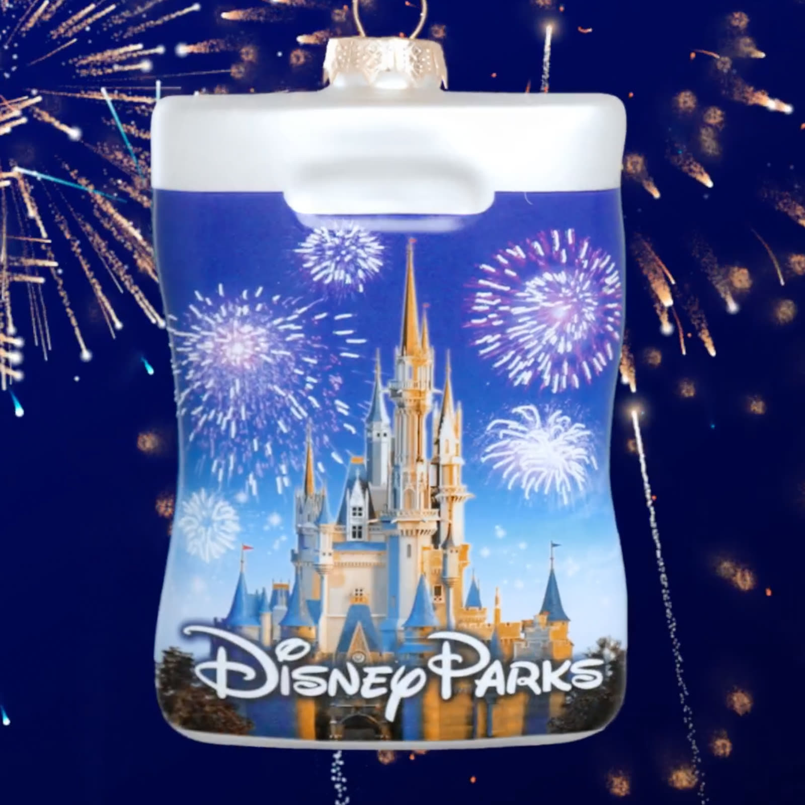 Disney Parks shopping bag ornament with Cinderella Castle fireworks art from Disney Store's July 6 preview
