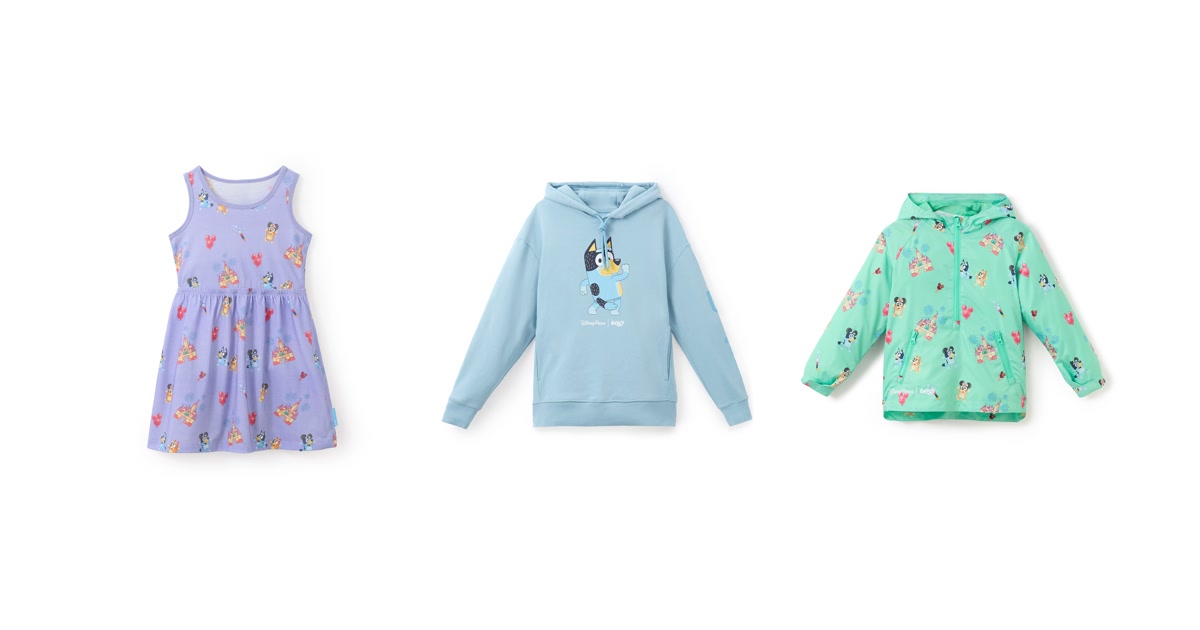 Bluey Disney Parks dress, Walt Disney World hoodie, and rain jacket from Disney Store