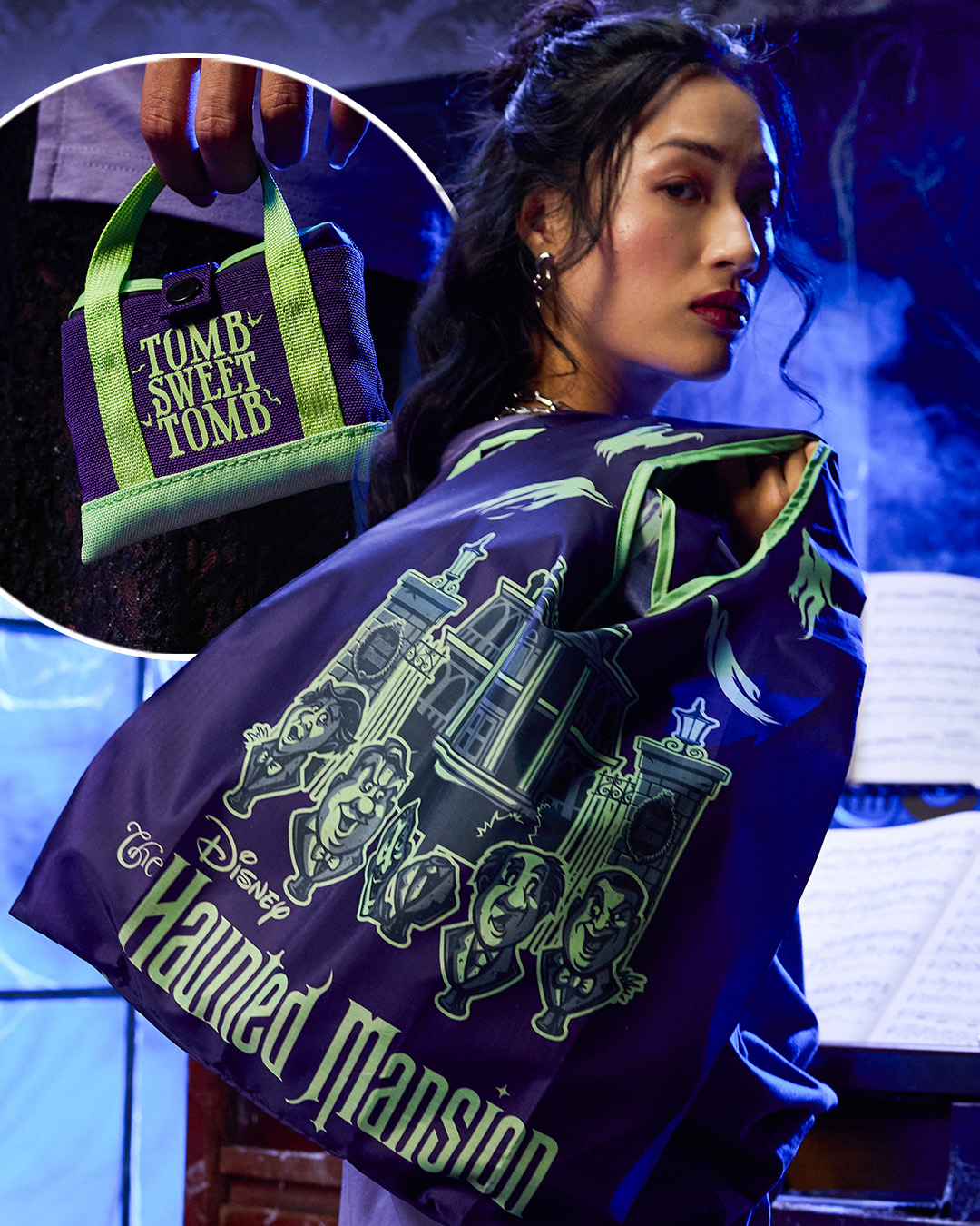 Purple Haunted Mansion packable tote with Singing Busts artwork