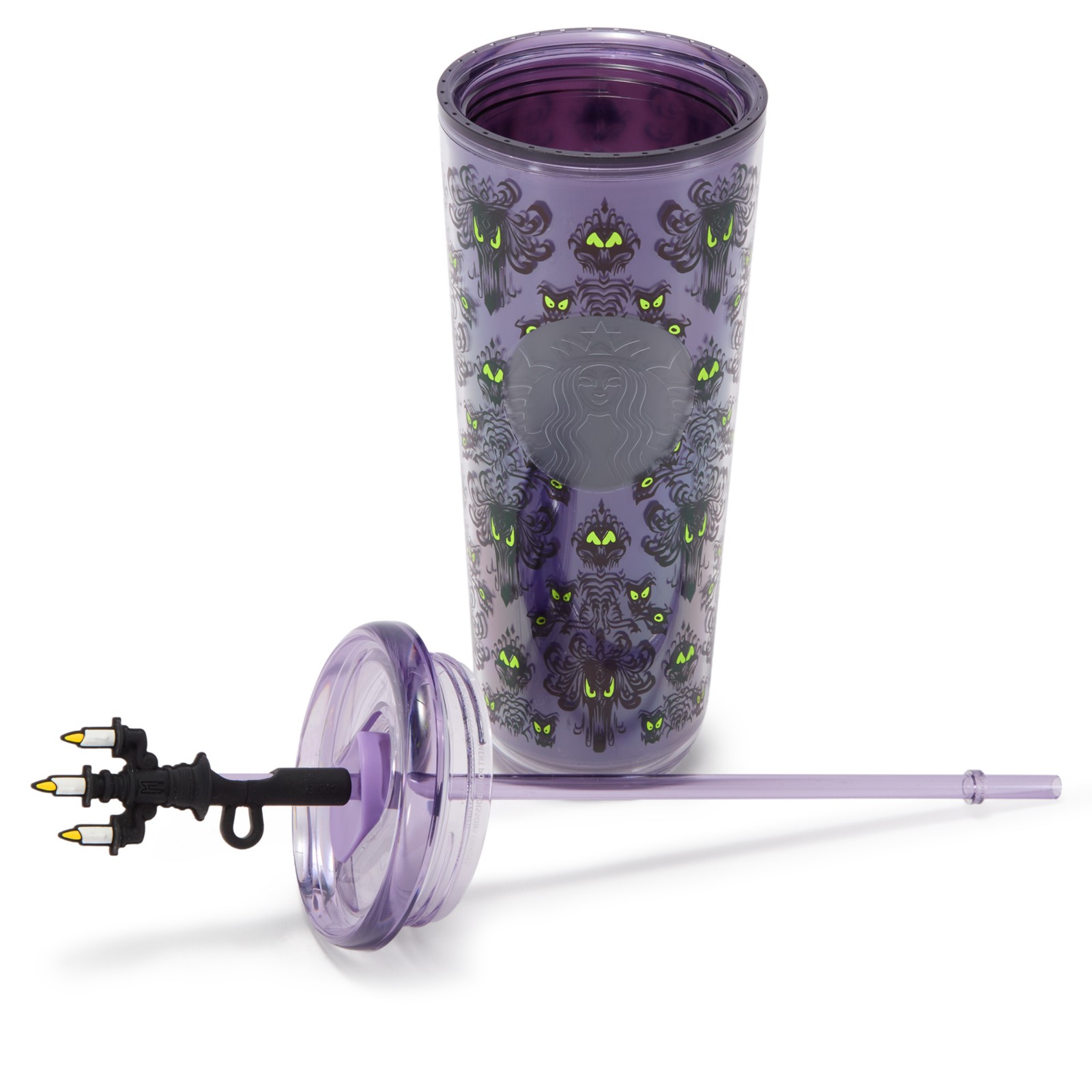 Lid and straw detail on the Haunted Mansion Starbucks tumbler from Disney Store