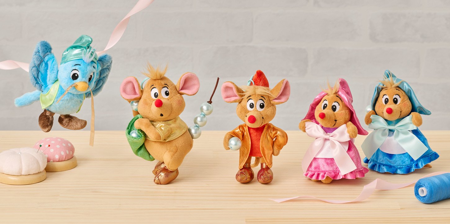 Five Cinderella friends dressed as tiny sewing helpers in an official Disney Store Japan product image