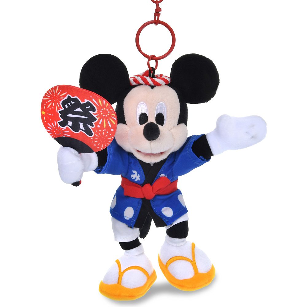 Mickey Mouse plush keychain in a blue matsuri outfit holding a festival fan