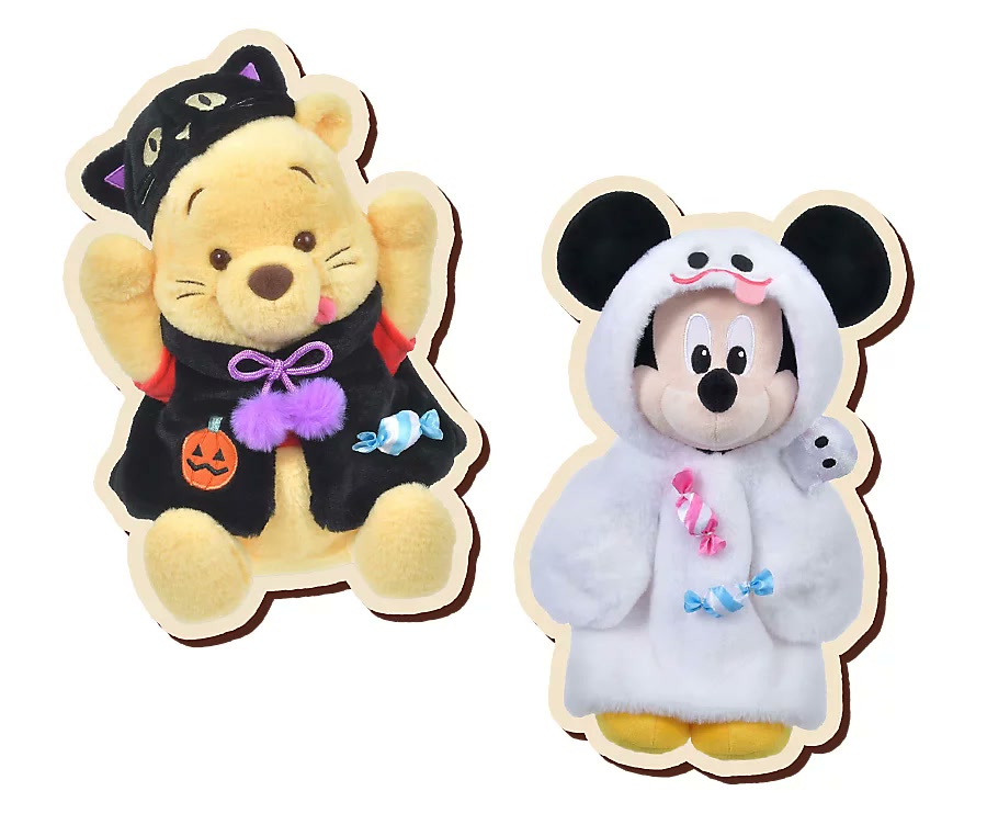 Disney Halloween collection preview with Winnie the Pooh dressed as a cat and Mickey Mouse dressed as a ghost