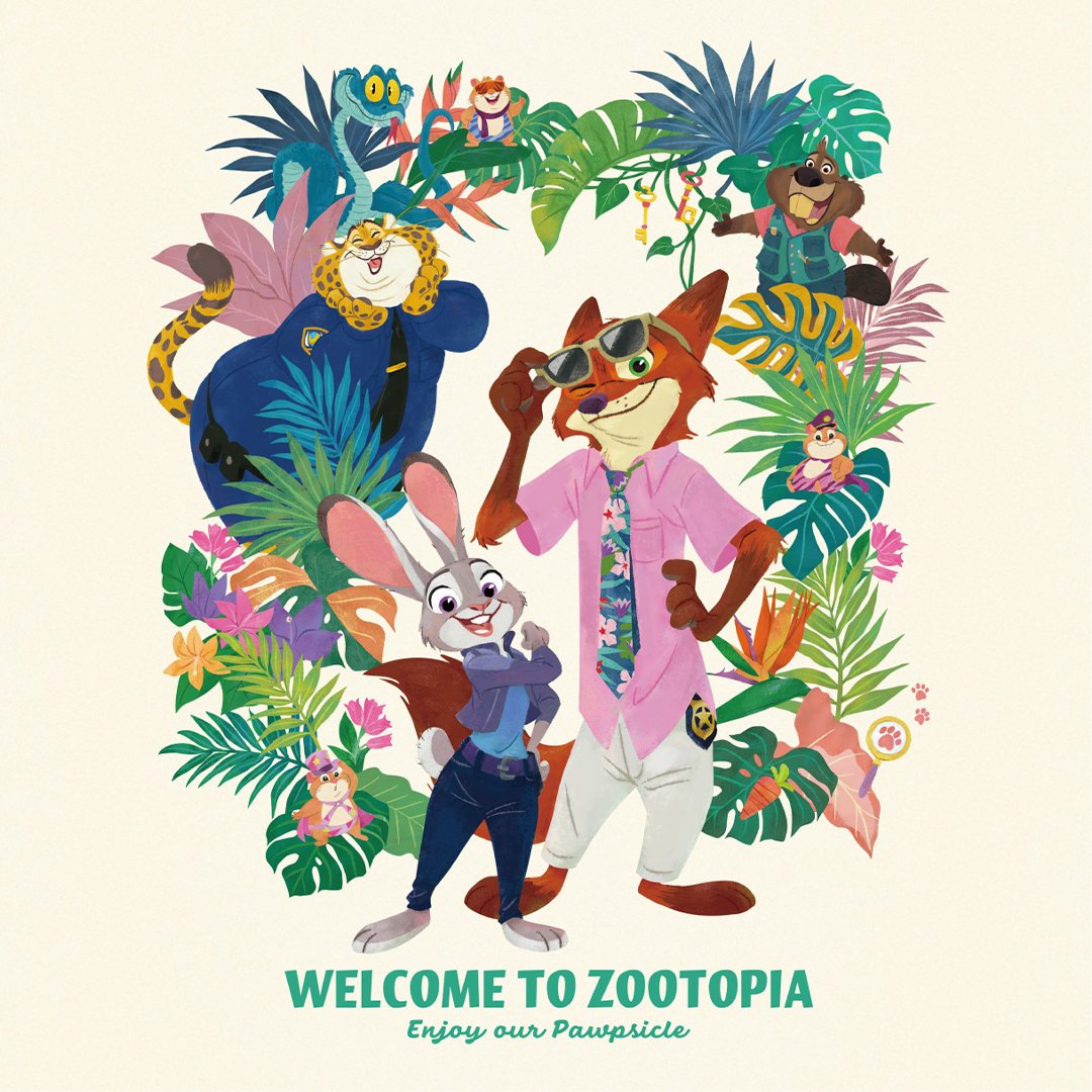 Judy Hopps, Nick Wilde and other Zootopia 2 characters in tropical foliage