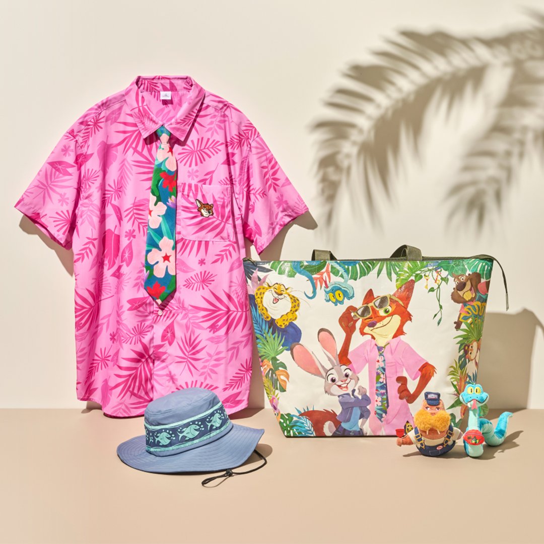 Pink tropical shirt, character tie, tote bag, bucket hat and plush accessories from the Zootopia 2 collection