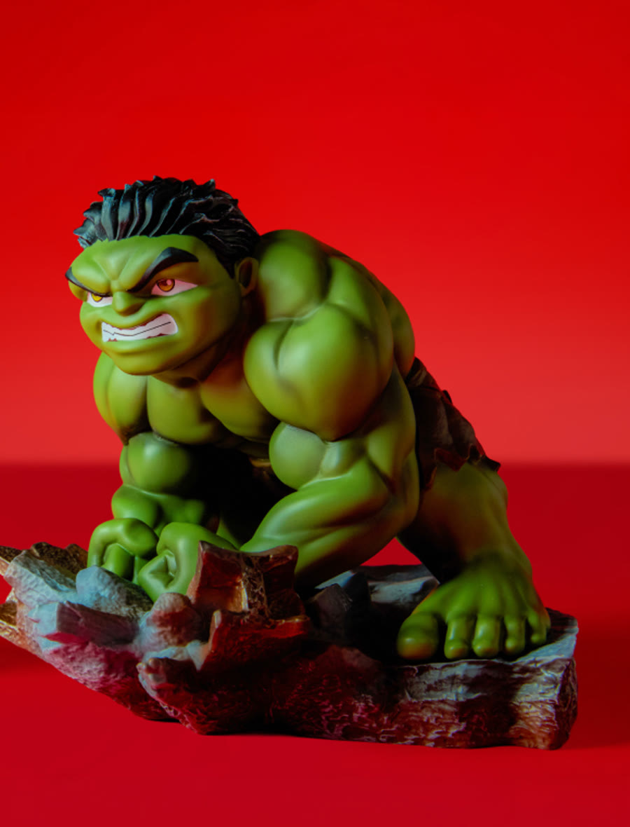 Stylized Hulk Marvel collectible breaking through a rocky base
