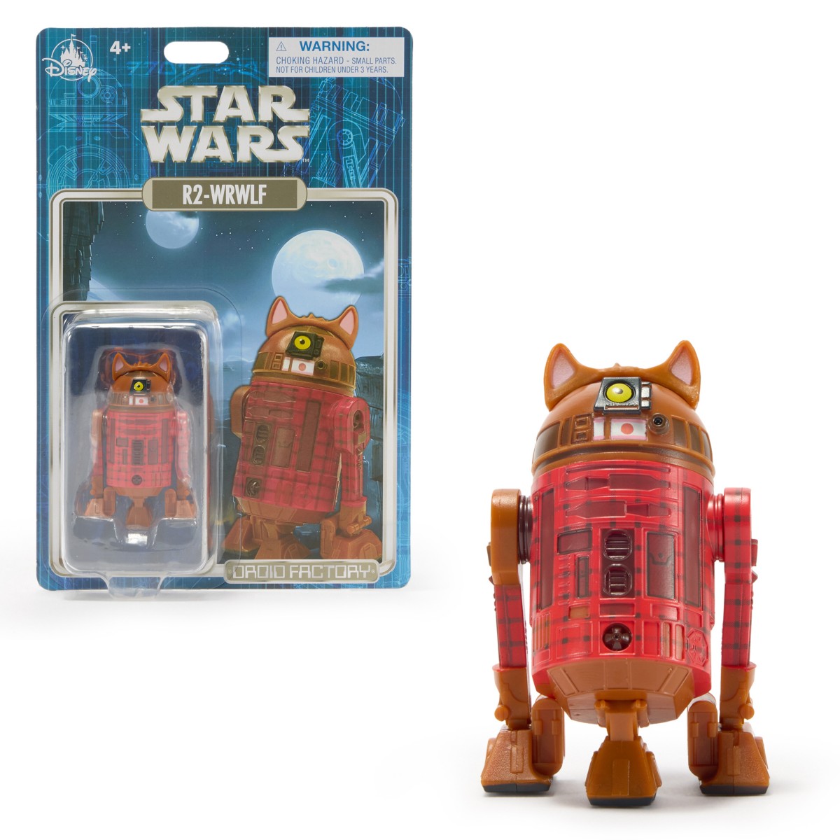 R2-WRWLF Star Wars Droid Factory figure in its package beside the loose figure