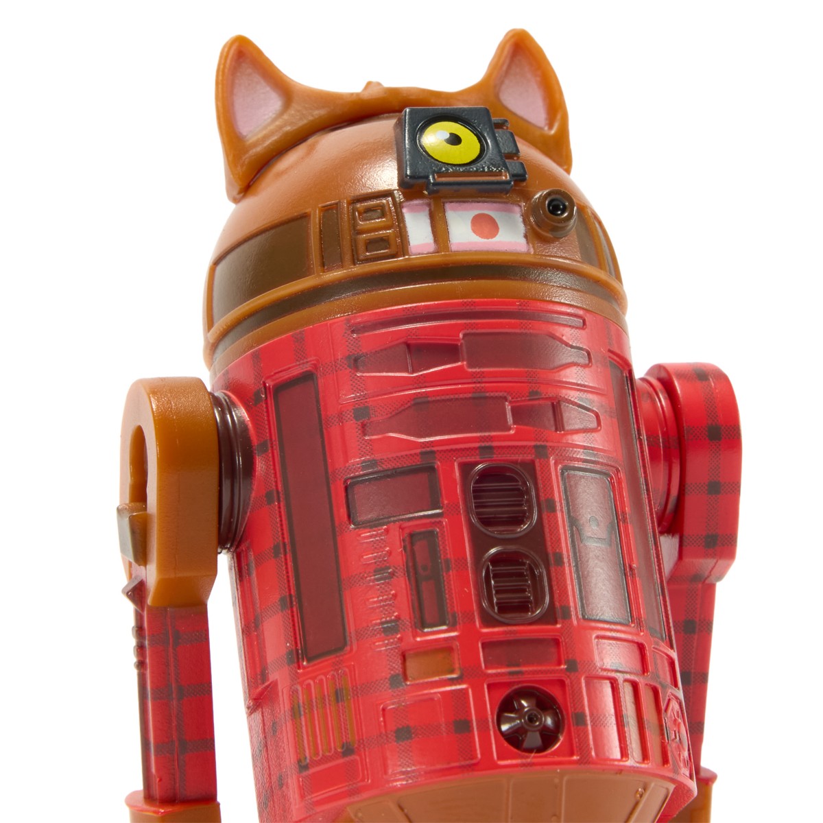 Close view of the R2-WRWLF droid's wolf-eared dome and red body