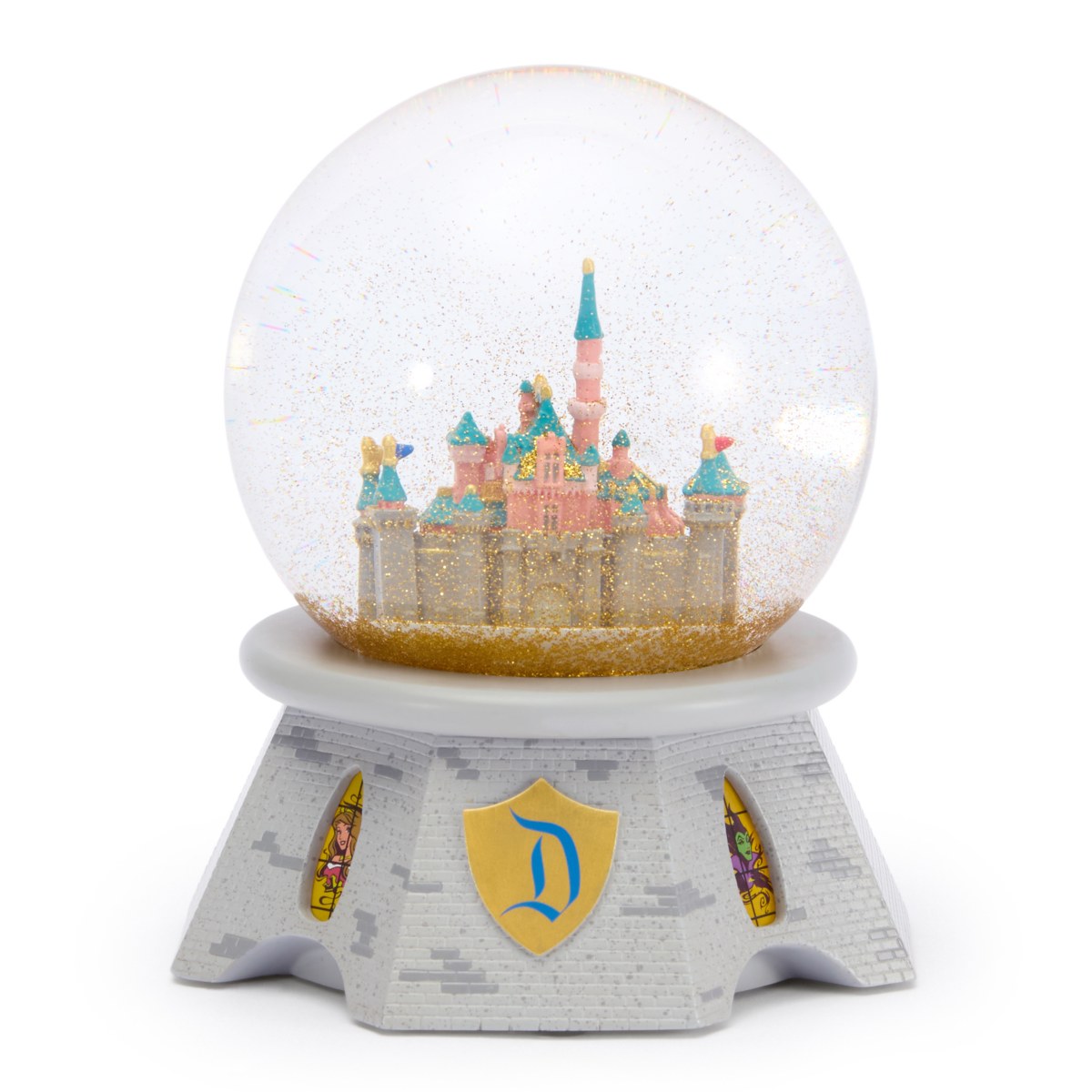 Sleeping Beauty Castle light-up snow globe front view