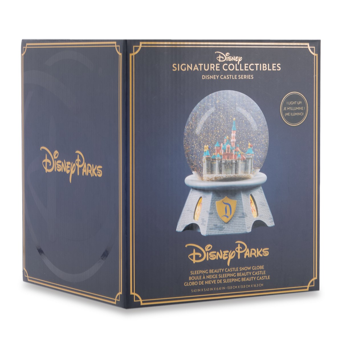 Sleeping Beauty Castle snow globe packaging angled view