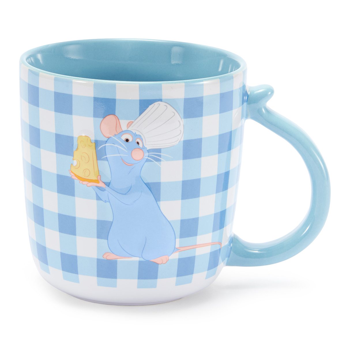 Ratatouille mug with blue gingham and Remy artwork