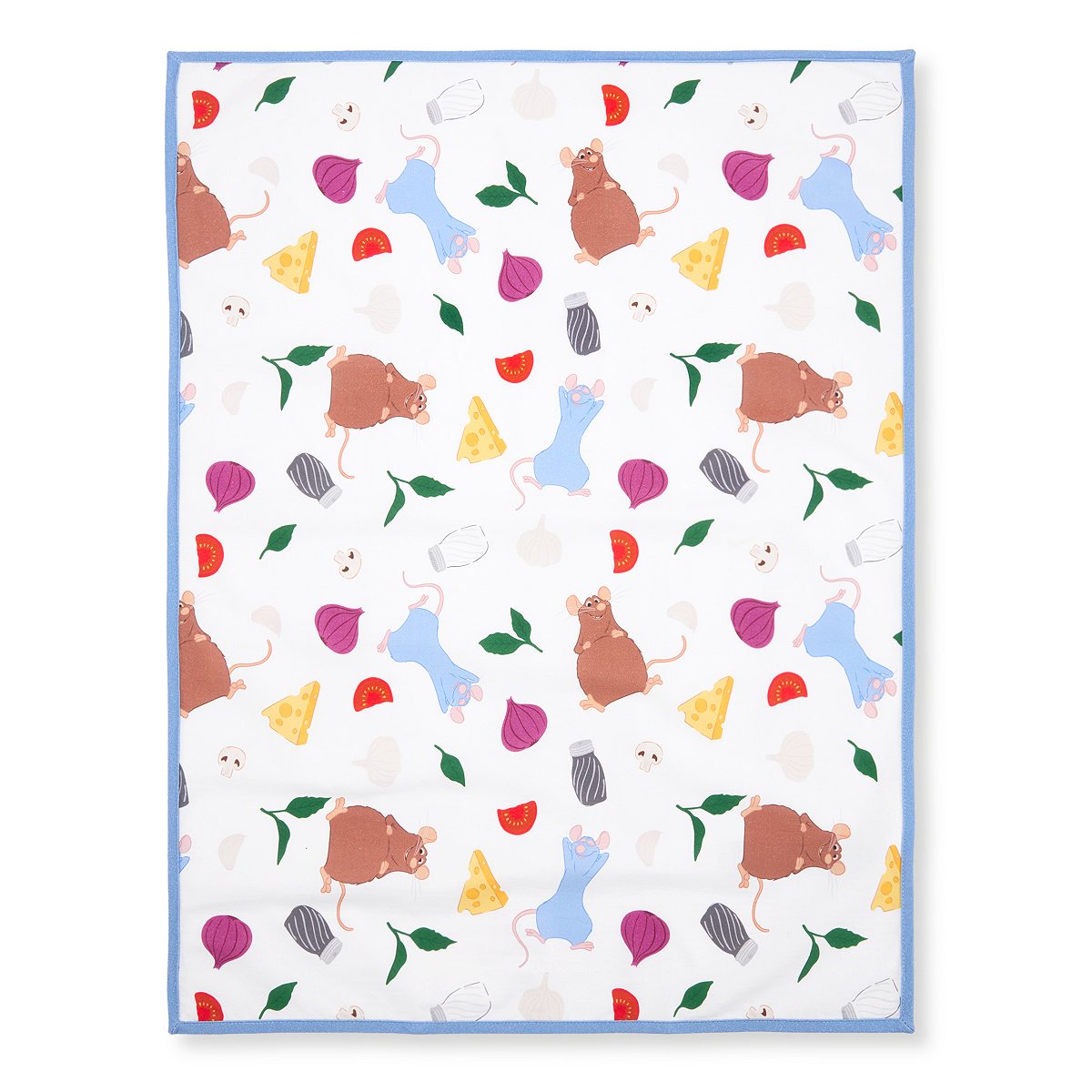 Ratatouille tea towel with Remy, food illustrations and blue gingham details