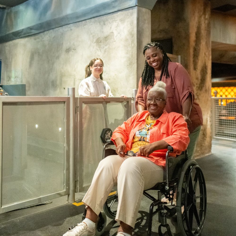 A Walt Disney World guest using a wheelchair talks with a companion and Cast Member