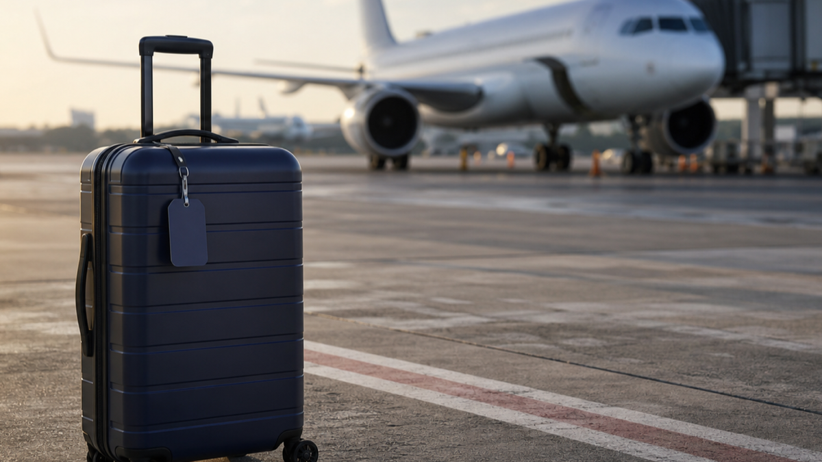 Suitcase on an airport tarmac with a blurred passenger plane in the background