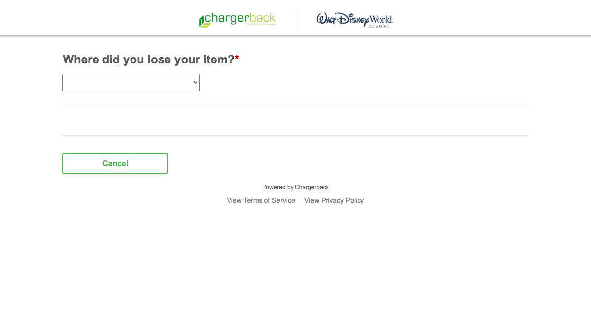 The Walt Disney World and Chargerback lost-item report form.