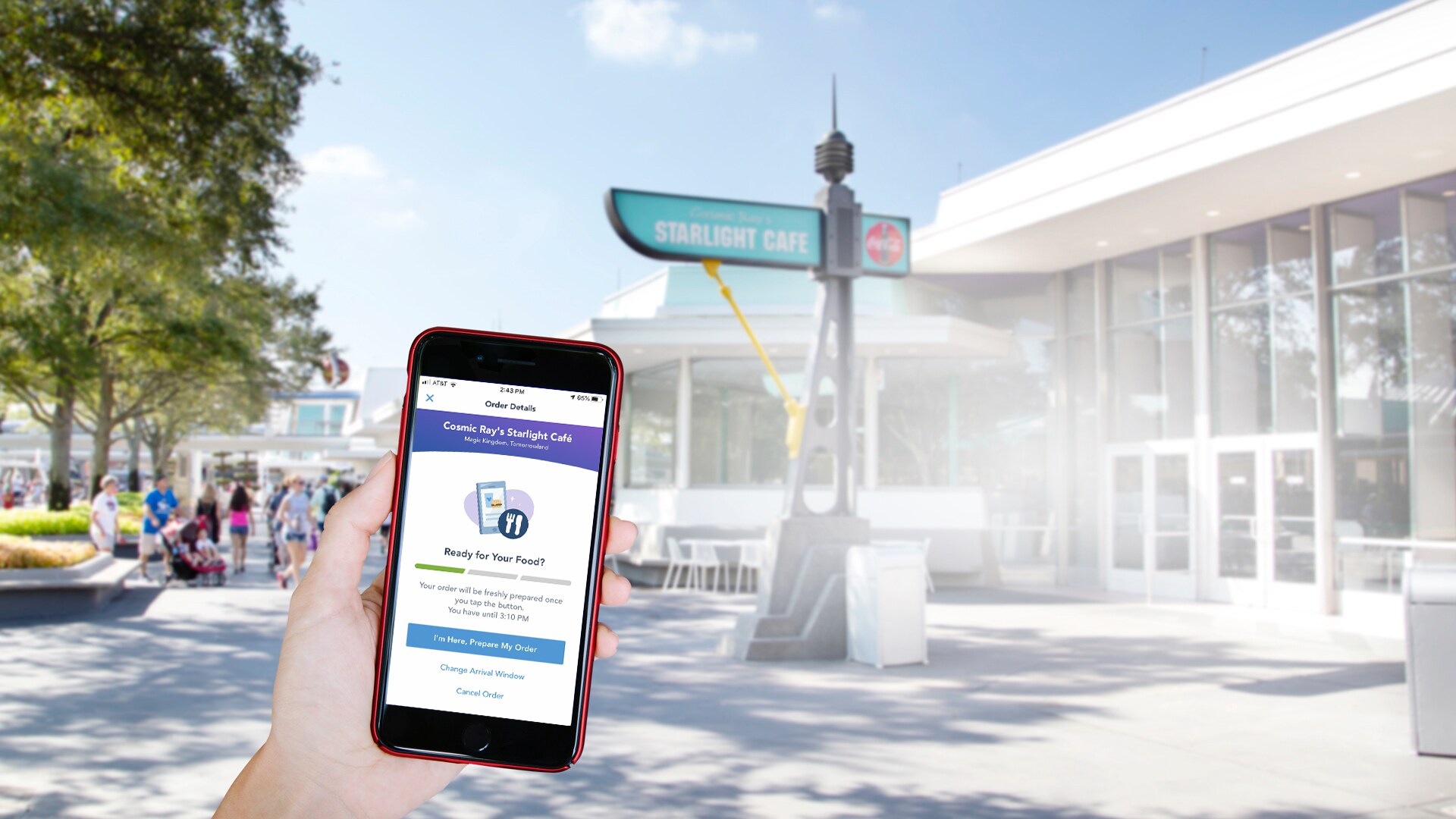 My Disney Experience mobile order screen showing a Cosmic Ray's Starlight Cafe order ready to prepare